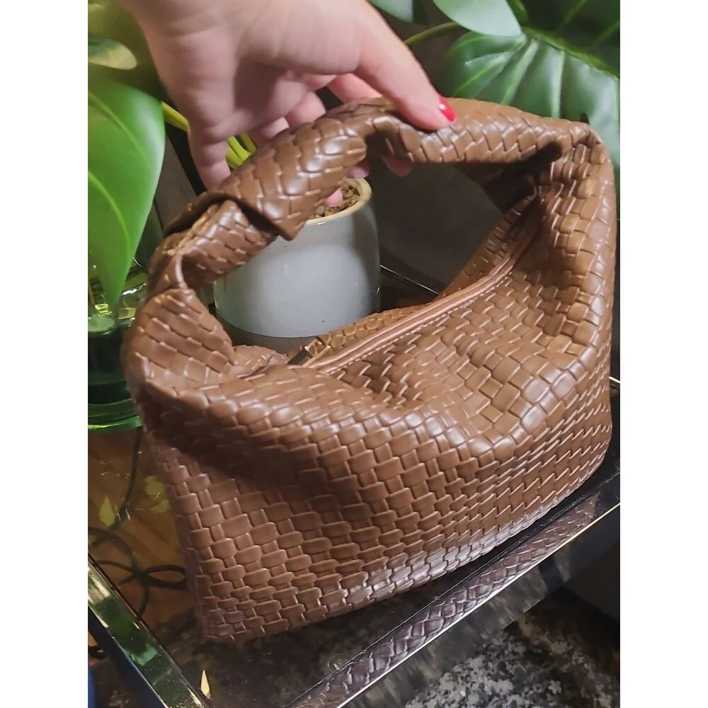 MOTF Premium Vegan Leather Textured Bagette HandBag - Brown Purse - Bow Detail